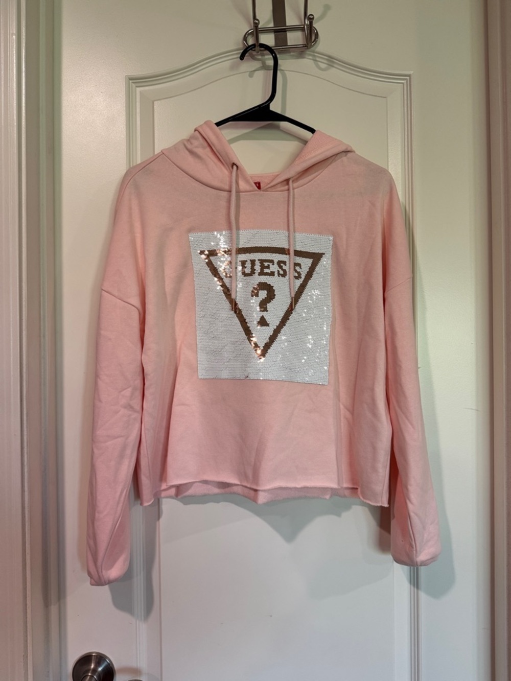 GUESS Pink Sequin Logo Cropped Hoodie / AA13